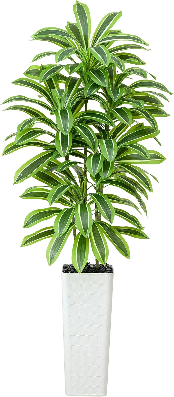 Artificial Dracaena Tree：7FT Faux Silk Tropical Yucca Floor Trees Realistic Fake Green Plant with Natural Wood Trunk & Lifelike Leaves for Home Office Decor Indoor & Outdoor (7FT,1-Pack,White)