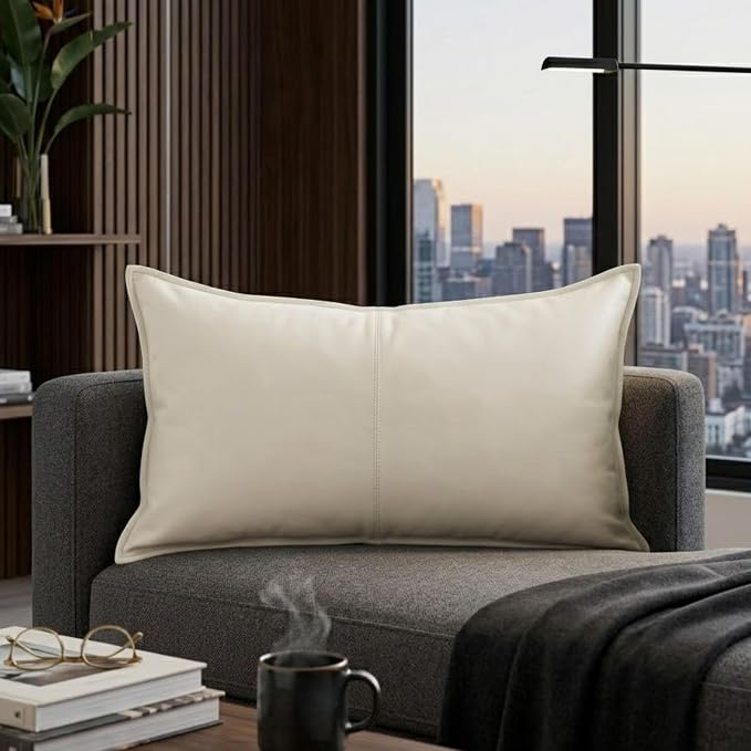Genuine Leather Pillow Cover Case for Lumbar Throw Couch Pillows - Modern Farmhouse Decorative Sofa Thick & Soft Cushion Covers (White, 16" x 24")