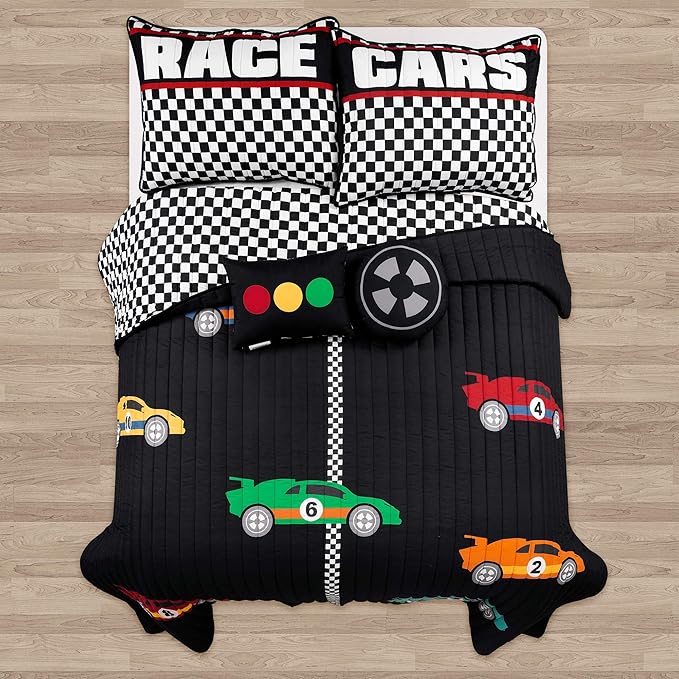 Lush Decor Racing Cars Reversible Quilt Queen Size 5 Piece Set Full/Queen Black & Multi - Kids Bedding Set Queen Quilt - Car Decor