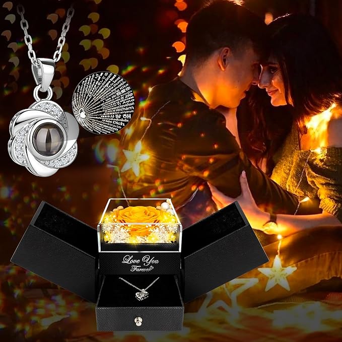 ENERLEAF Preserved Yellow Real Rose-Eternal Flowers Rose Gifts for Mom Grandma Wife Girlfriend on Mothers Day Birthday Valentines Christmas Anniversary Romantic Gifts for Her with I Love You Necklace
