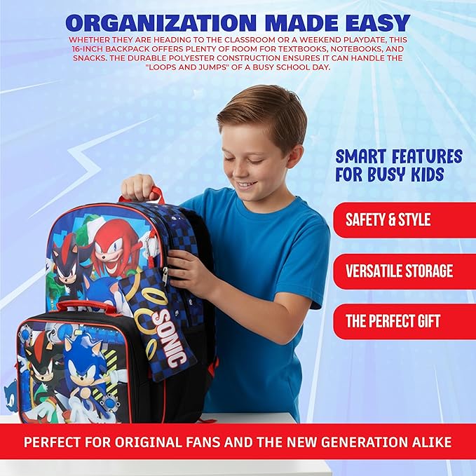 AI ACCESSORY INNOVATIONS Sonic the Hedgehog 5 PC Backpack Set for Girls & Boys, 16” Book Bag Featuring Sonic, Shadow, & Knuckles
