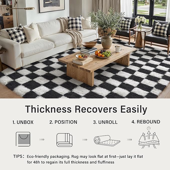 PureCozy Checkered Rug 8x10 for Living Room, Black and White Modern Shag Rugs Super Soft Washable Indoor Office Fuzzy Carpet Non-Slip Fluffy Rugs for Bedroom Home Aesthetic Decor
