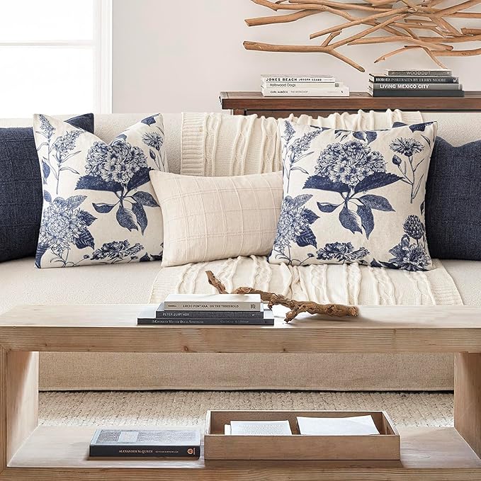 Foindtower Set of 2 Linen Floral Vintage Throw Pillow Covers Neutral Accent Print Decorative Cozy Cushion Covers Farmhouse Boho Home Decor for Sofa Chair Couch Bed Living Room,18×18 Inch,Navy Blue