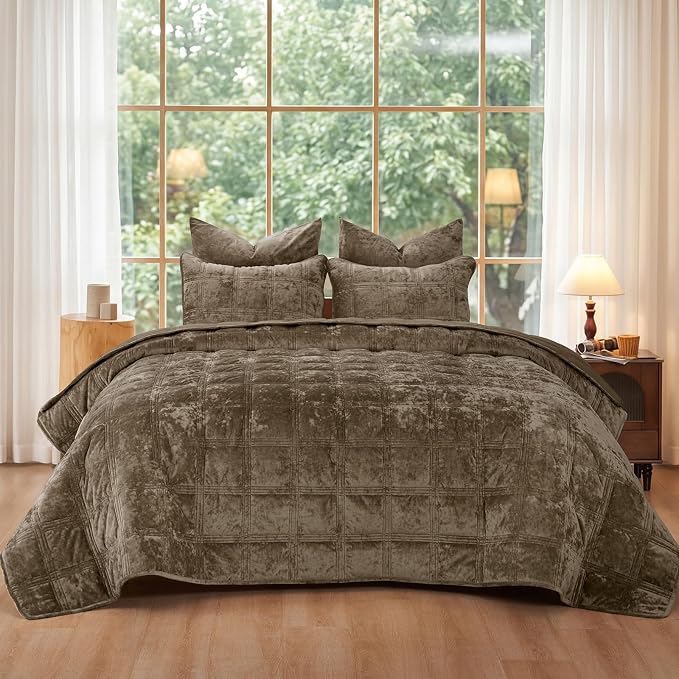 PHF Ultra Soft Velvet Quilt Set Queen Size – 3PCS Luxurious Cozy Quilted Comforter Alternative with Diamond Pattern, Warm Quilted Bedspread Coverlet, 90" x 92", Cub