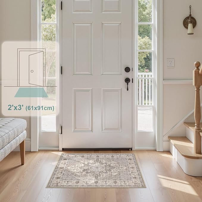 Tortania Area Rug 2x3 Doormat - Washable Vintage Oriental Farmhouse Soft Thin Indoor Carpet for Living Room Bedroom Hallway Entryway Kitchen - Taupe Brown