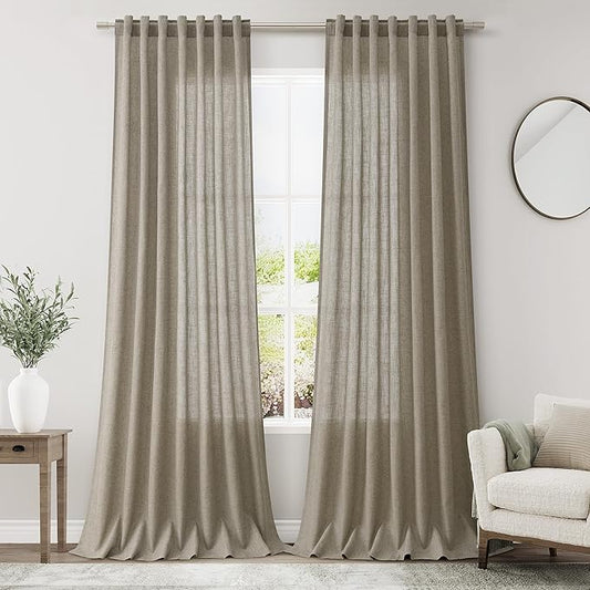 Extra Long Curtain 108 Inches Long 2 Panels Set Back Tab Mocha Linen Drapes for Living Room Neutral Farmhouse Light Filtering Semi Sheer Linen Curtains 108 Inch Length for Large Window 9 FT Tall