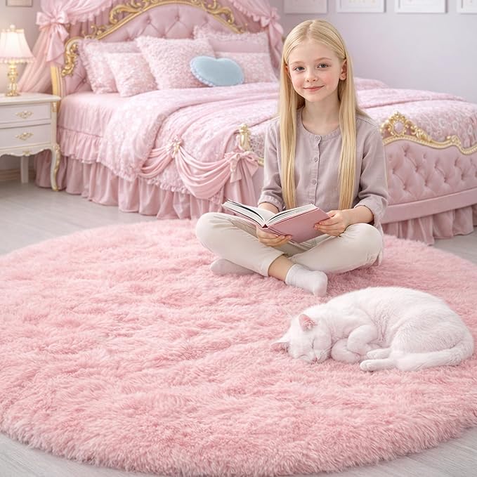 Pink Round Area Rugs 6Ft for Bedroom Living Room, Big Fluffy Shag Circle Rug for Kids Playroom, Cute Preppy Room Decor for Teen Girls, Cozy Fuzzy Furry Plush Carpets for Baby Nursery, Dorm, Classroom
