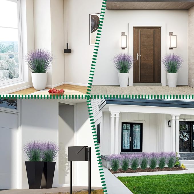 100Pcs Artificial Grass Plants, Faux Shrubs Wheat Grass, Artificial Tall Fake Plants for Outdoor Decor, Greenery Stems Weed for Room Indoor Home Decor（Green Purple Tail）