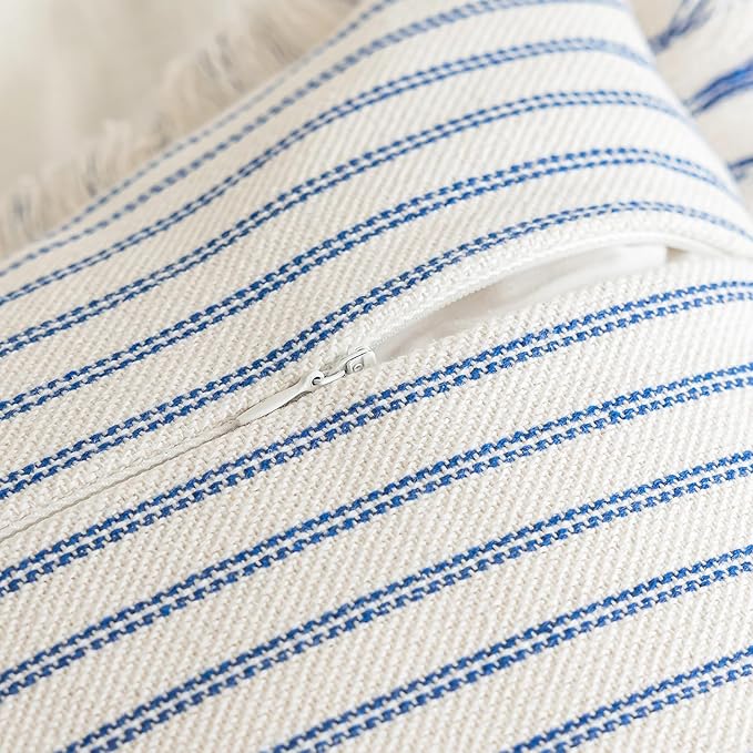 YEENAASY Throw Pillow Covers 22x22 Set of 2 Striped Fringe Pillow Cover Farmhouse Cushion Covers with Tassel Neutral Boho Pillows Decorative Square Pillowcase for Couch Sofa Bed, Blue