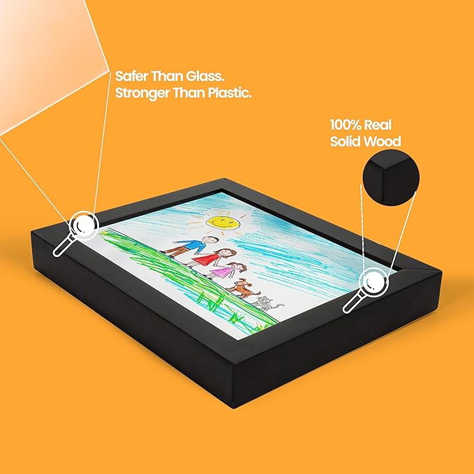 Magnetic Kids Art Frame 8.5x11 – Lift-Top Real Wood Artwork Display & Storage – Strap-Free Changeable Frame Holds 250 Drawings – Freestanding or Wall Mounted - Black