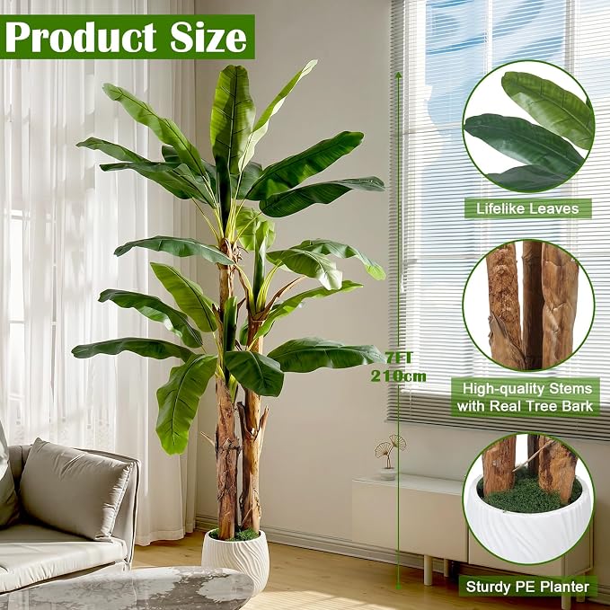7FT Artificial Banana Tree with Realistic Banana Leaves Large Faux Tropical Plant Artificial Plants Outdoor Fake Tree for Patio Balcony Garden Home Office Indoor Decor (with Faux Moss)