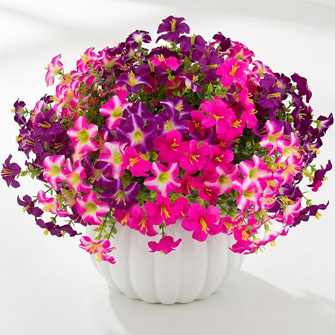 Daynight 32 Pcs Faux Petunias Artificial Flowers Plants for Outdoor Plant Decoration,Fake Petunias Realistic Silk Flowers for Porch Yard Garden Window Indoor Decor (32, Rosered,RedViolet)
