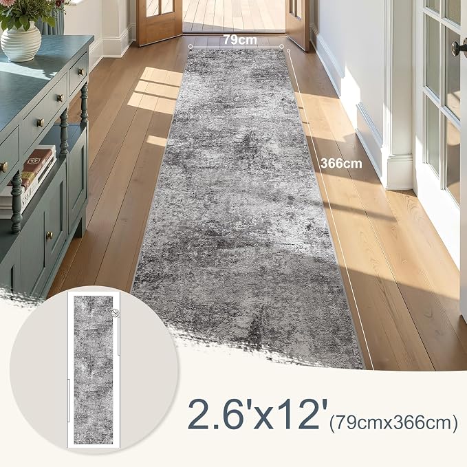 DMOYEST Washable Runner Rug for Hallway: 2.6x12 Neutral Modern Abstract Low Pile Area Rug with Non-Slip Backing - Carpet for Bedroom Kitchen Laundry Entryway Bathroom Indoor - Grey