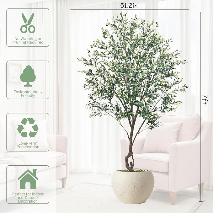 Caxchiling Large Artificial Olive Tree 7FT, Indoor Outdoor Faux Tall Tree | Natural Trunk with Olive Fruits and Buds in White Planter for Home Office Living Room