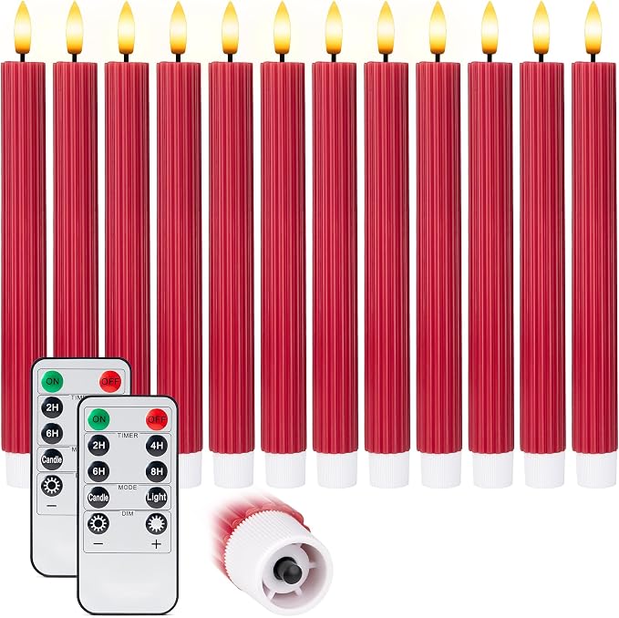 12 Pack, 10" LED Flameless Real Wax Red Fluted Ribbed Grooved Taper Candles, Remote & 24h Timer Memory, On/Off Button, Dimmable, Flicker Mode, Battery Operated, Wedding