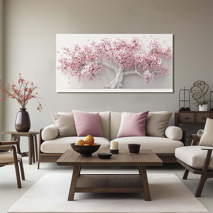 AOZEMI Pink Wall Art for Living Room Bedroom Home Office Large Tree Wall Decor Flower Pictures Art White Artwork Modern Floral Canvas 24"x 48"