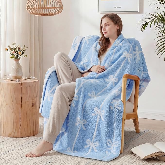 WRENSONGE Soft Throw Blanket for Couch-Cozy Reversible Knitted Blankets | Lightweight Warm Fluffy Decor for Women, Mom, Her & Girls, Sofa, Chair, Bed, 50x60in, Blue Bow