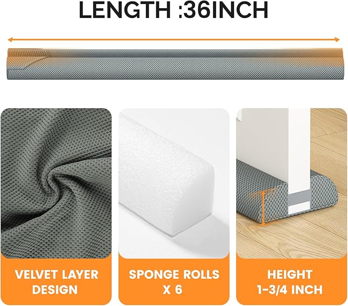 fowong Door Draft Stopper 36" Under Door Draft Stopper Soundproofing 30 Inch to 36 Inch Triangle Noise Blocker Seal Large Gap up to 1.7", Easy to Install Grey