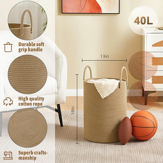 Artfeel Laundry Basket,Woven Cotton Rope Laundry Hamper,40L for Decorative Storage of Dirty Clothes,Toys and Blankets in Bathroom,Baby Room and Living Room