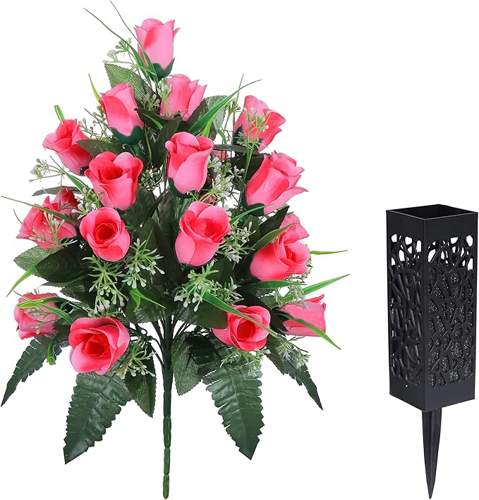 LVXINLI 2 Sets Artificial Cemetery Flowers,Outdoor Grave Decorations Roses,Beautiful Arrangements Bouquet with Cemetery Vase,Lasting and Non-Bleed Colors (Pink)