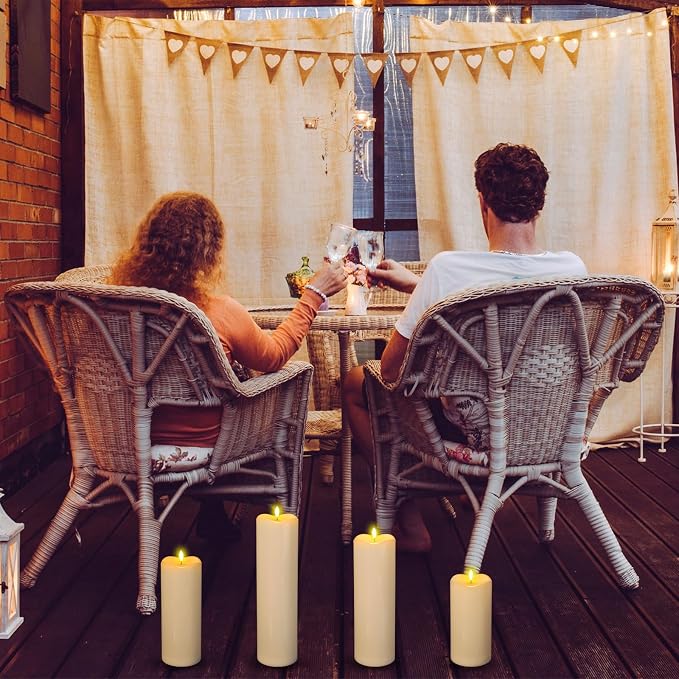 Rossesay 8" 10" 12" 14" x 4" Large Waterproof Outdoor Flameless Candles, 4 Pcs LED Pillar Candles with Remote and Timers Battery Operated Jumbo Flickering for Home Patio Porch Church Indoor Lanterns