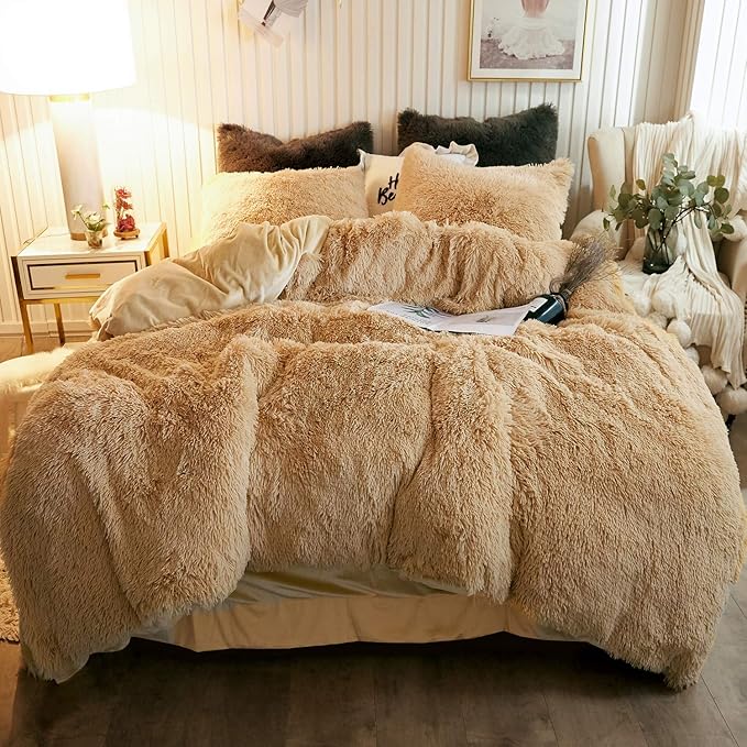 XeGe Plush Shaggy Duvet Cover Set, Luxury Ultra Soft Crystal Velvet Fluffy Bedding Sets 3 Pieces(1 Furry Faux Fur Comforter Cover + 2 Fuzzy Faux Fur Pillowcases), Zipper Closure(King, Camel)
