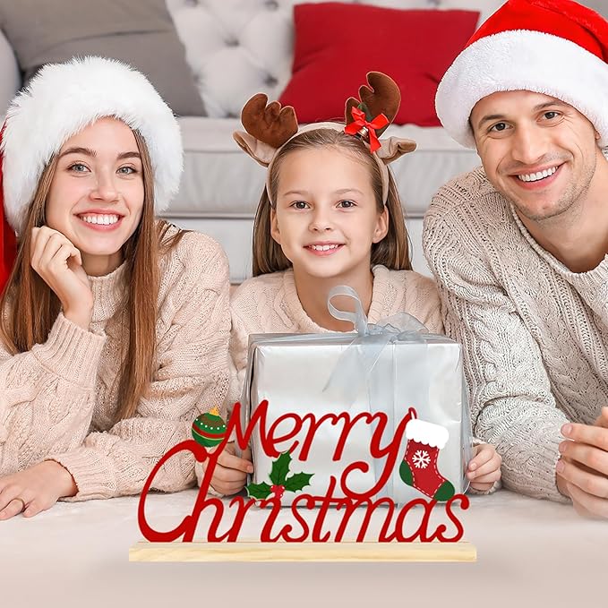 Metal Tabletop Decoration with Wood Base, Holiday Decorations for Home, Office, Shelf, Mantel, Indoor, Xmas Centerpiece Sign for Party Supplies