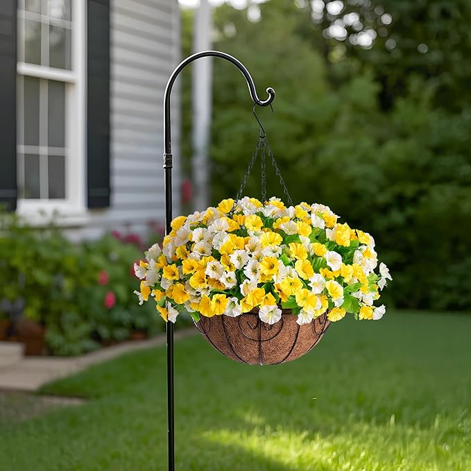Ammyoo Artificial Hanging Flowers with Basket, Faux Silk Petunias Flower Arrangement, Coconut Lining with Morning Glories Fake Plants Patio Garden Porch Deck Fall Decor(Yellow and White)