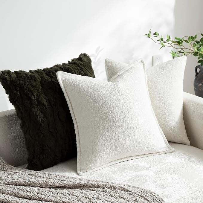 DEZENE Pack of 2 Cream White Decorative Throw Pillow Covers 18x18 Cozy Soft Chenille Accent Vintage Square Couch Pillow Covers for Home Decor Bed Sofa Living Room