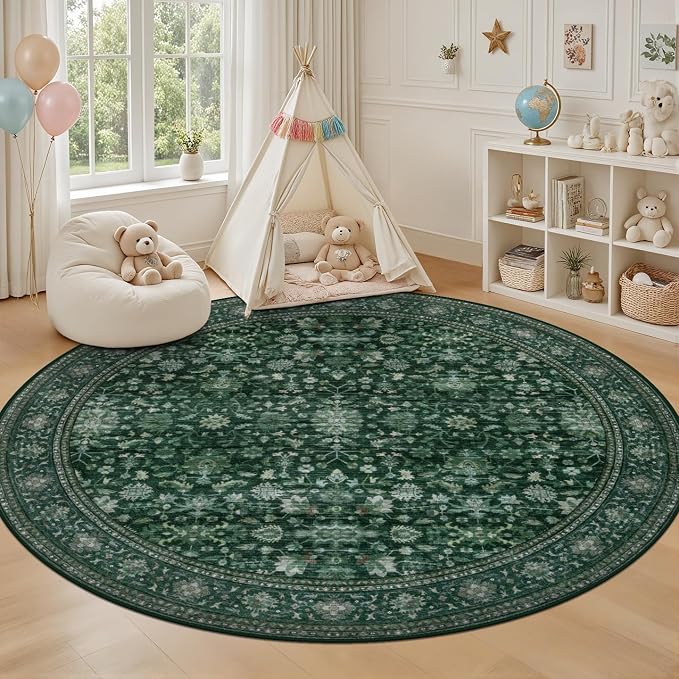 Round Area Rug for Living Room: 4 ft Washable Vintage Boho Soft Thin Circle Rug Indoor Floor No Slip Stain Resistant Carpet for Bedroom Dining Room Farmhouse Nursery Home Office - Deep Green