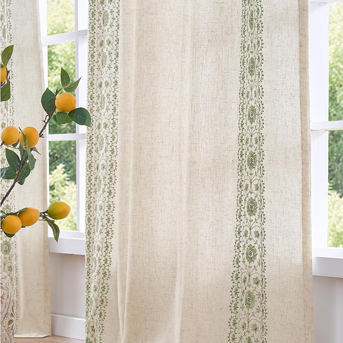 jinchan Weslie Boho Lined Linen Curtains for Bedroom Sage Green Vintage Floral Farmhouse Curtains 90 Inches Long Linen Drapes for Living Room Embroidered Drapes Sage on Beige 2 Panels
