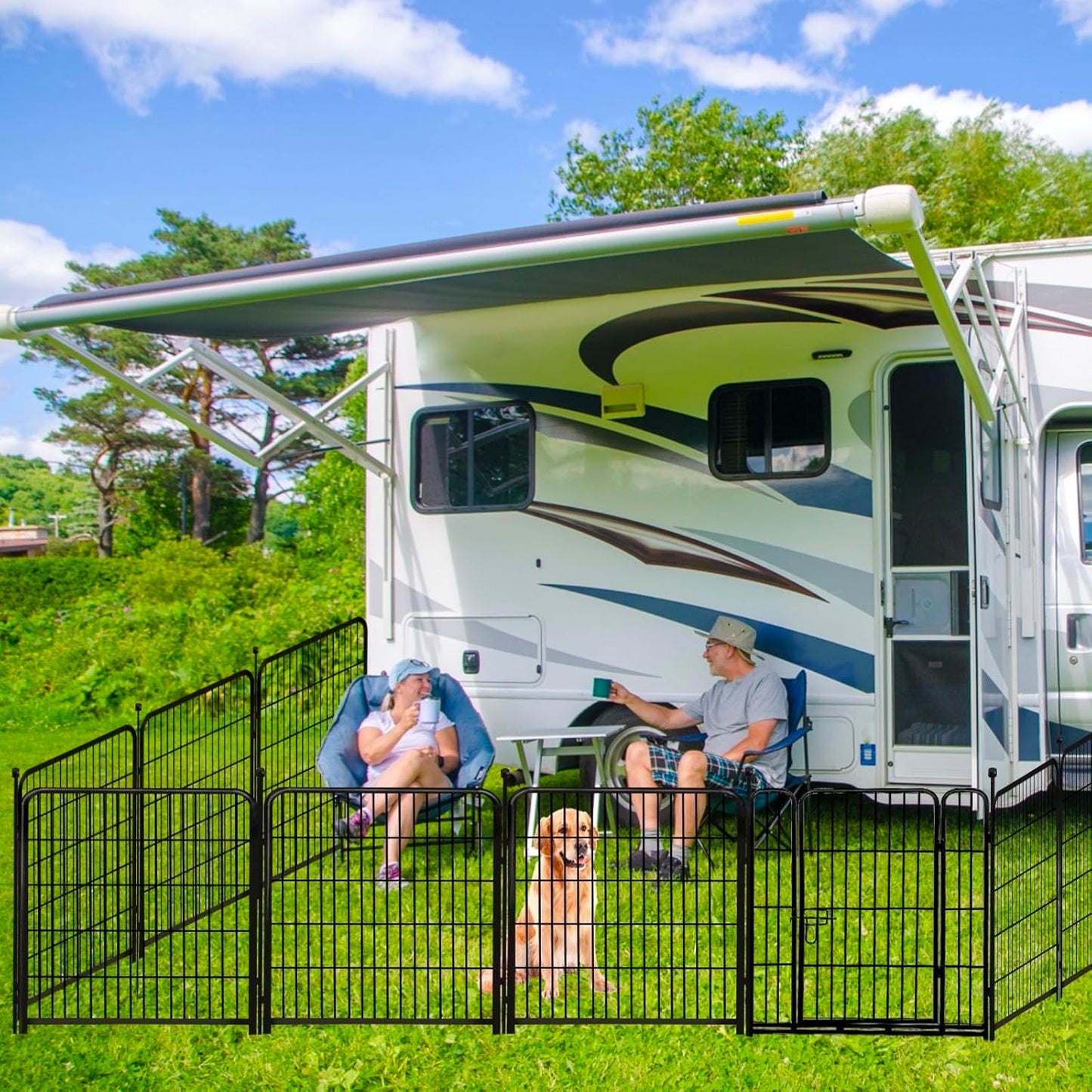 ADAVIN Tall Garden Fence Border with gate, 48 in(H) 12 Panels Total 26.6 Ft(L), Wide Door Low Threshold Fences, Black Iron Metal Heavy Duty Dog Fence Outdoor for Yard or Camping, Flower Bed Fencing