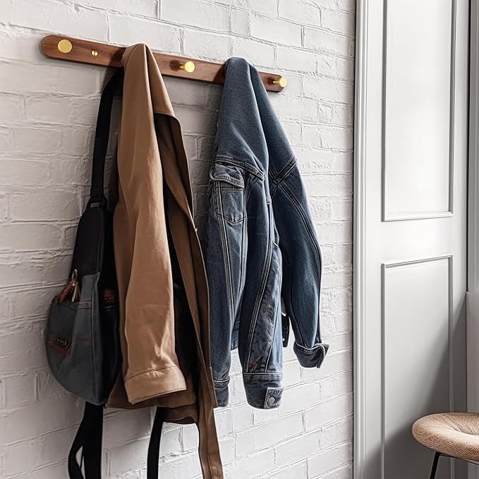 Wall Mounted Coat Rack, Entryway Hanging Coat Rack, Metal Wood Coat Rail with 5 Rustic Hooks Rail for Coat, Scarf, Bag, Towel, Key, Cap, Hat, Walnut Gold Matt