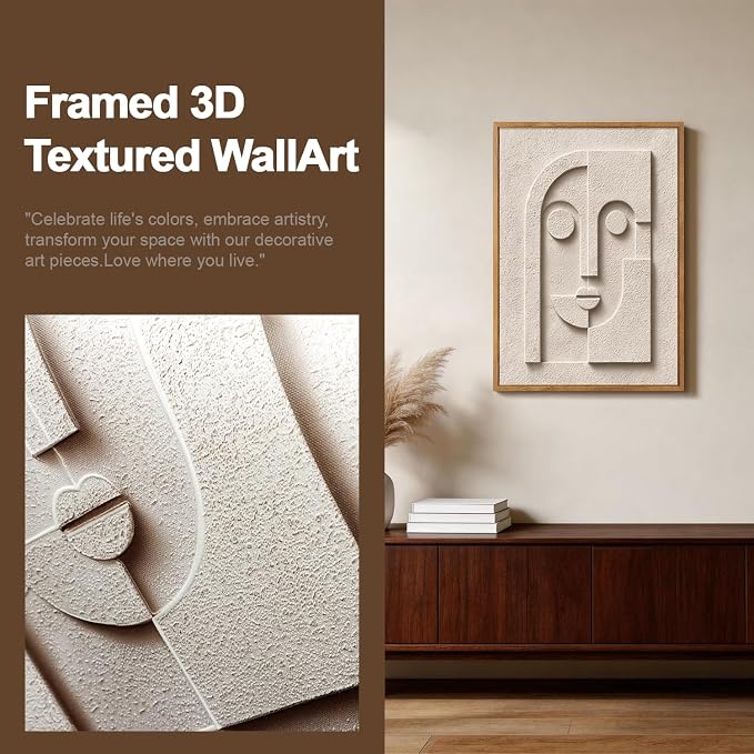 CHDITB 3D Textured Abstract Geometric Relief Sculpture Framed Canvas Wall Art Set, Neutral Earth Tone Minimalist Wall Decor, Modern Art Prints for Living Room Hallway Bedroom Home Decor 24"x36"x3
