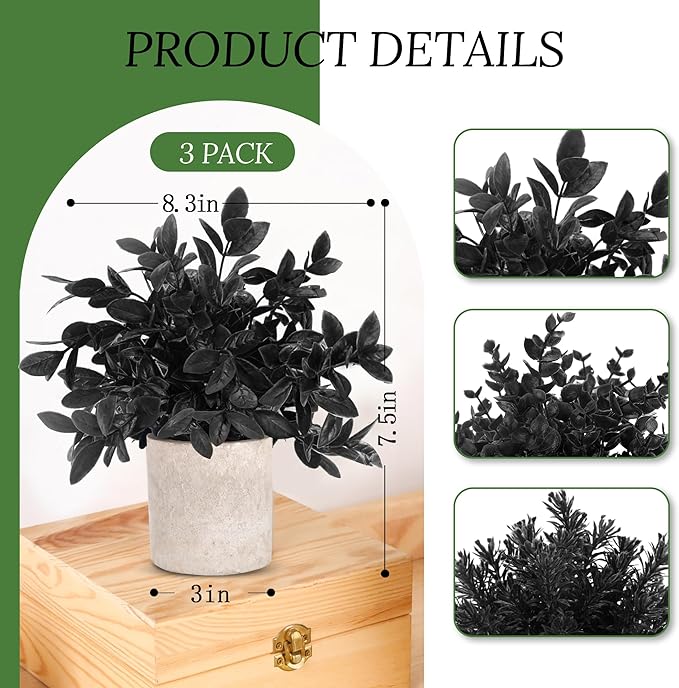 Der Rose 3 Pack Black Fake Plants Artificial Plants Plastic Eucalyptus for Bathroom Home Office Desk Farmhouse Room Table Black Christmas Decorations Gothic Decor Indoor