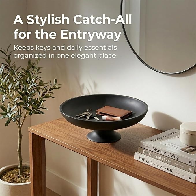 Black Concrete Fruit Bowl, Large Decorative Pedestal Bowl for Kitchen Counter, Modern Centerpiece Bowl for Coffee Table, Entryway Key Catch All Bowl, Black Home Decor