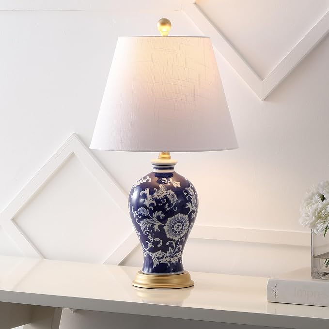 JONATHAN Y 24" Navy/White French Country Ceramic Floral Urn Table Lamp, White Linen Shade, Chinoiserie Ginger Jar Bedside Lamp for Living Room Bedroom, LED Bulb (JYL3009E)