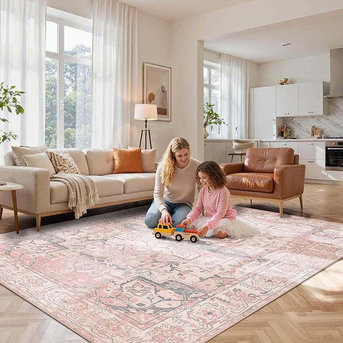 Rugxara Pink Rug for Living Room Bedroom, 5x7 Washable Area Rugs, Cute Boho Style, Non Slip & Low Pile Faux Wool Carpet for Indoor Nursery Room, Classroom Dorm, Kids Room and Dining Room(Pink 5x7ft)