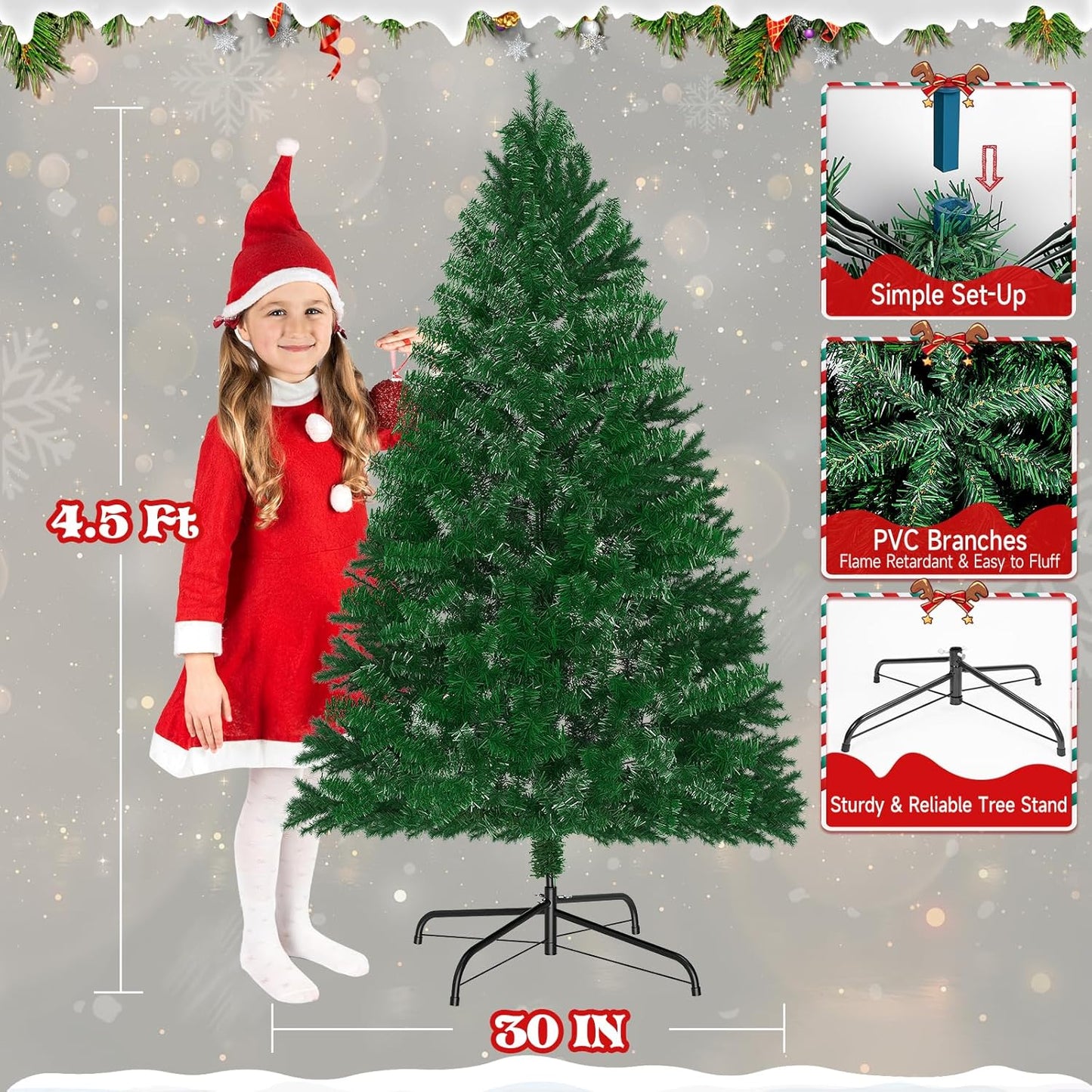 LEVELEVE Premium 4.5FT Artificial Holiday Christmas Tree w/350 Branch Tips,250 LED Lights for Home,Office,Party Decoration