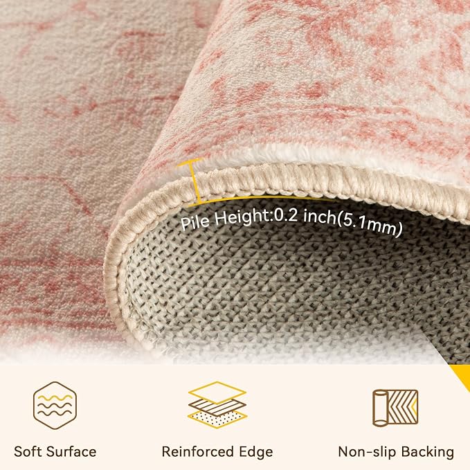 RELEANY Area Rugs Round 8ft Washable Non-Slip, Floral Vintage Distress Medallion Carpet for Living Room Bedroom Dining Room, Pink Light Vintage Pink