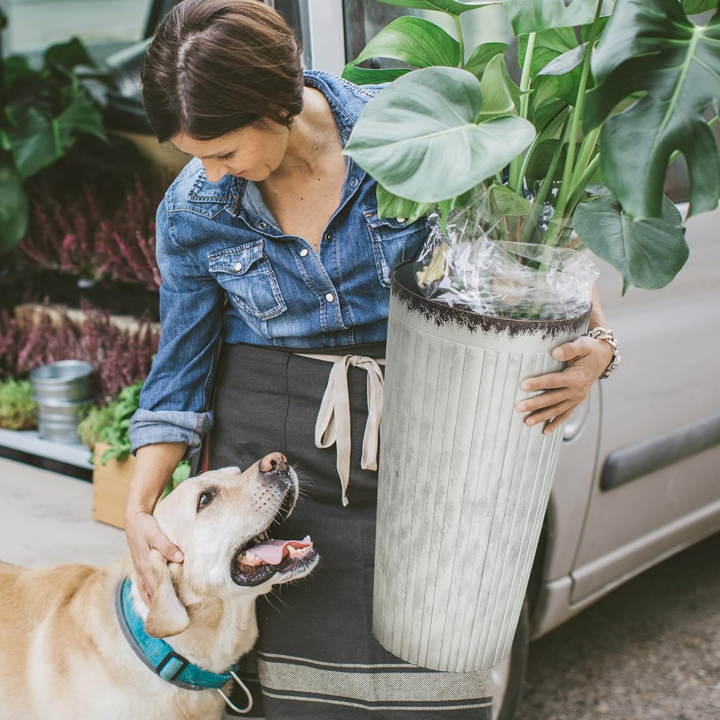 Worth Garden 22.5" H. Plastic Planters - Set of 2 Silver Color Tall Conical Plant Pots for Indoor Outdoor Use - Decorative Lightweight Flower Pots for Front Porch, Patio, Deck - 12.5" Dia x 22.5" H