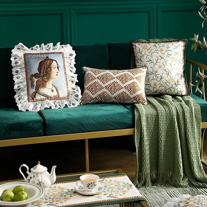 patdrea Designer Vintage Velvet Throw Pillow Cover,Set of 4,-Botticelli | Elegant Lumbar Ruffle Pillow Case with Zipper,Green Floral Pattern,Decor Cushion Coverfor Couch Living Room Bedroom Sofa