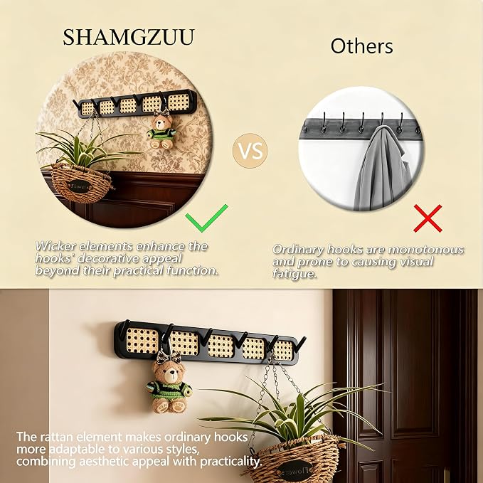 Coat Rack Wall Mount, Rattan Coat Hooks Hanger Wall Mounted | 6 Heavy Duty Bamboo Hooks Rack Rail for entryway Hanging Clothes Hats Bags Jackets Towels Plants,Natural
