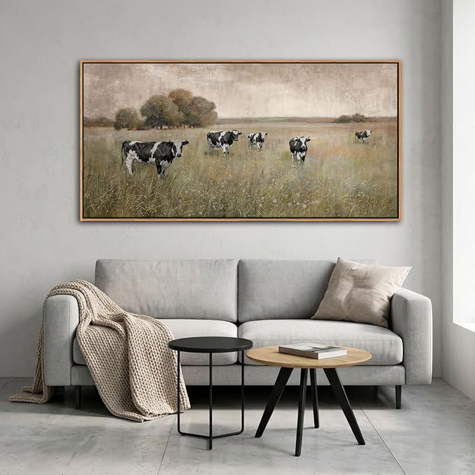 YDYSUNE Cow Pasture Wall Art - Rustic Landscape Canvas Print,Beige and Black Farm Animal Framed Picture,Grazing Cows Painting for Living Room Bedroom Country Kitchen Decor Artwork Size 24×48inch
