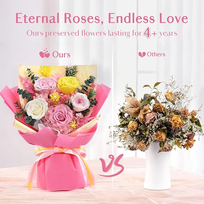 5 Pcs Glitter Pink Preserved Roses Flowers Bouquet, Forever Rose Flowers for Delivery, Birthday Gifts for Women, Long-Lasting Red Roses with Vase Gift Box, Forever Flowers for Wife Mothers Day