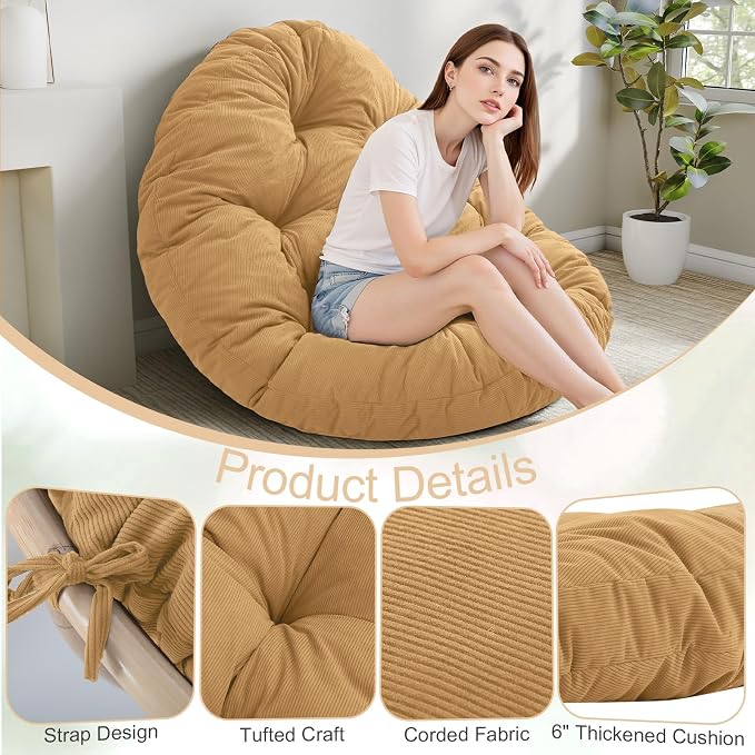 idee-home Papasan Chair Cushion, Circle Papasan Chair Cushion(Cushion Only) | Papasan Cushion with Thick Corduroy Cover, 48 x 48 Inch Cushion for Egg Chair, Dark Grey