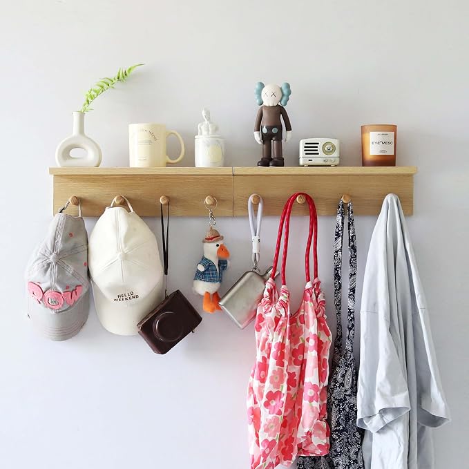 Entryway Coat Rack Hooks with Shelf, Sturdy Wooden Floating WallOrganizer Shelf with 4 Hooks siutable for Entrance, Mudroom, Kitchen, Bathroom,.etc(2pc-Oak Finish)
