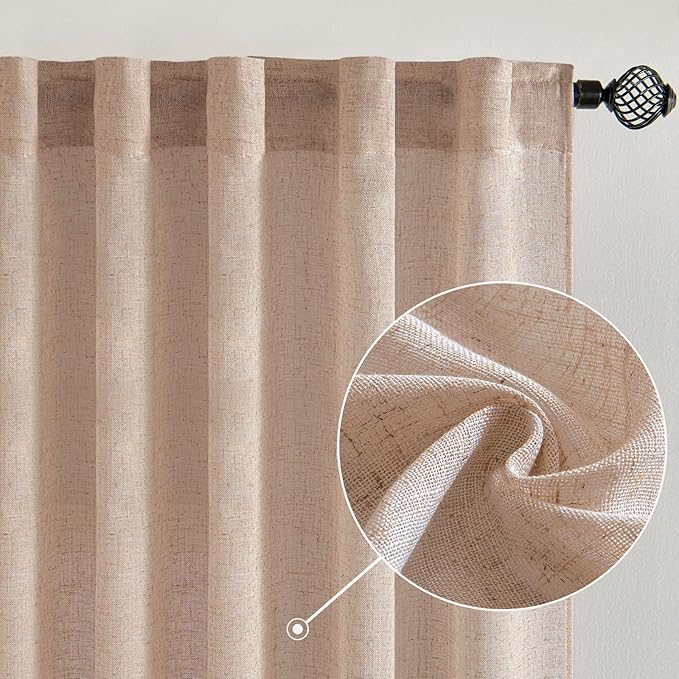 MIULEE Natural Beige Linen Curtains 45 Inch Length 2 Panels for Bedroom Living Room, Soft Linen Textured Window Drapes Semi Sheer Light Filtering Back Tab Rod Pocket Farmhouse Burlap Look Decor
