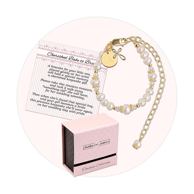 Cherished Moments 14K Gold-Plated Personalized Cherished Babe to Bride Cross Bracelet Gift for Infant Baby Dedication or Baptism with Cultured Pearls and with Initial Charm