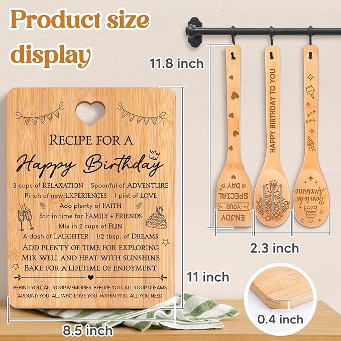 Birthday Gifts for Women - "Recipe for a Special Happy Birthday" Birthday Gifts for Men Cutting Board Set, Bamboo-Made Engraved Utensil Set Gifts for Women Birthday.